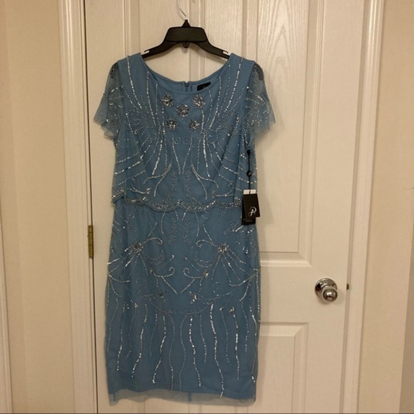 Adrianna Papell Embellished Overlay Dress in Sky Blue Size 8 - Picture 4 of 14